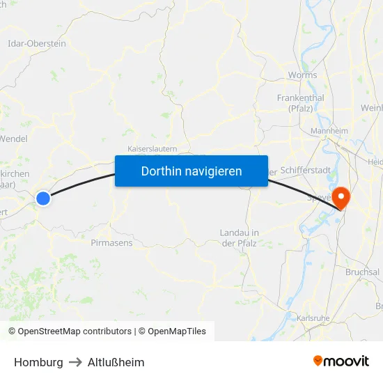 Homburg to Altlußheim map