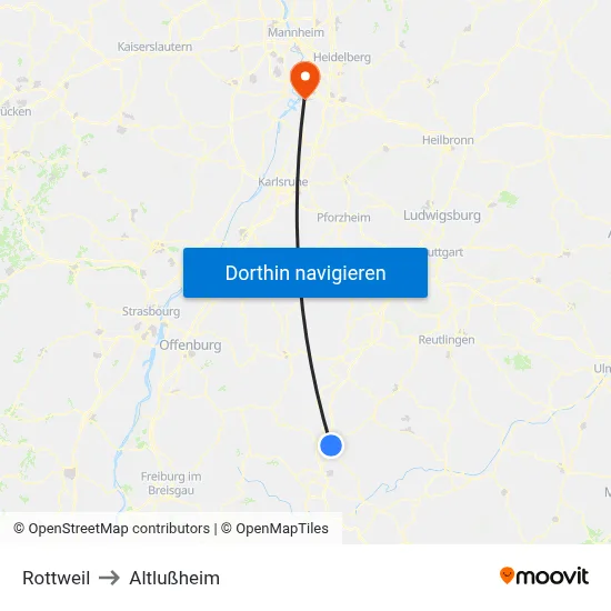 Rottweil to Altlußheim map