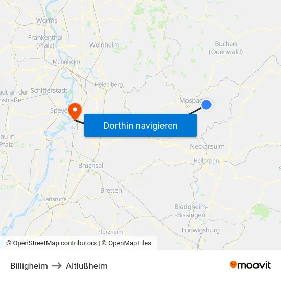 Billigheim to Altlußheim map