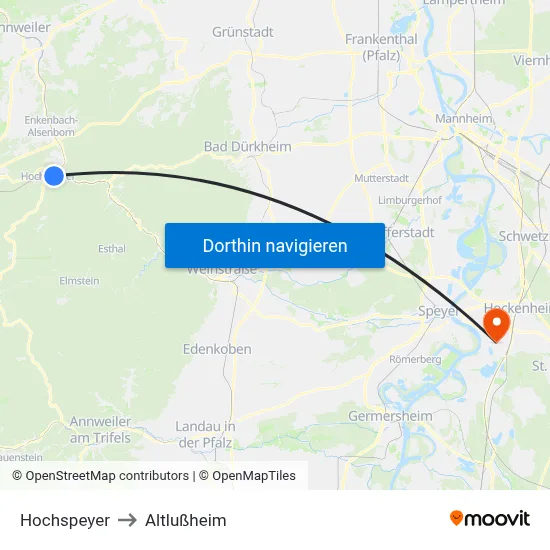 Hochspeyer to Altlußheim map