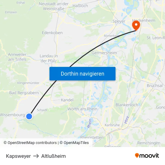 Kapsweyer to Altlußheim map