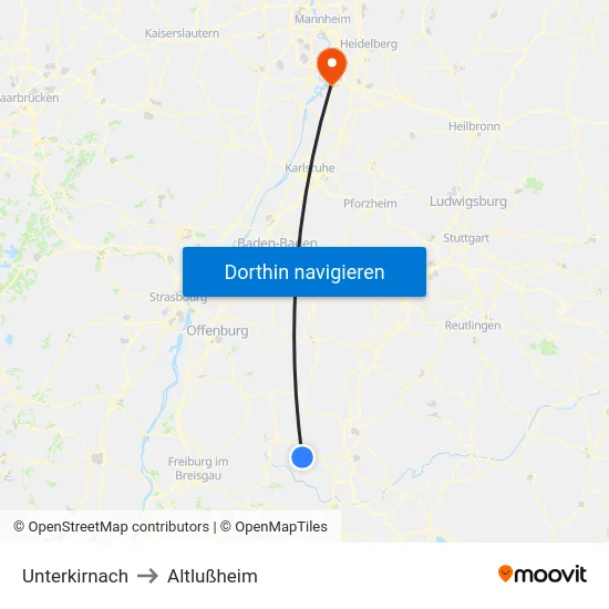 Unterkirnach to Altlußheim map