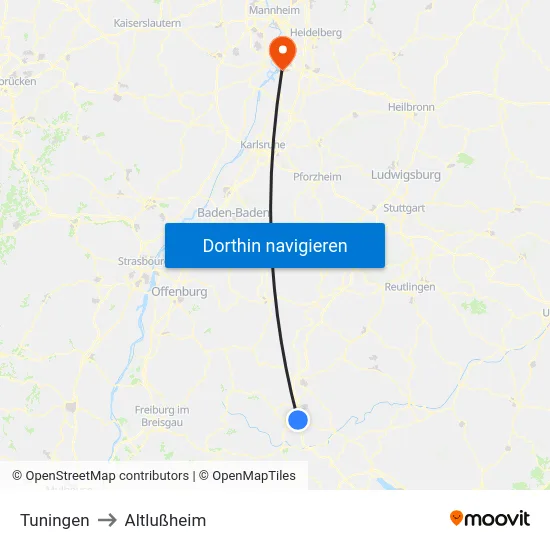Tuningen to Altlußheim map