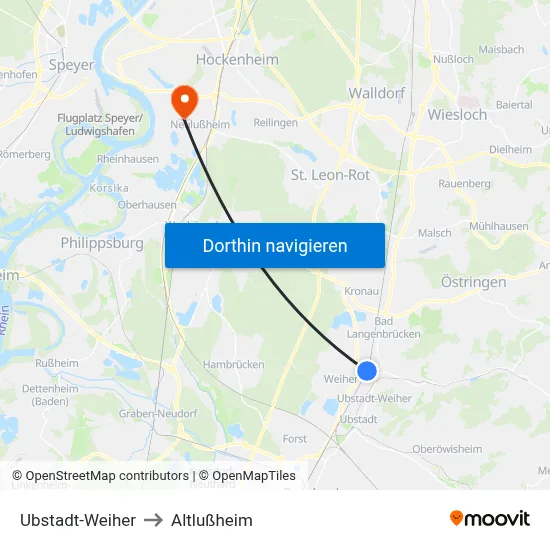 Ubstadt-Weiher to Altlußheim map