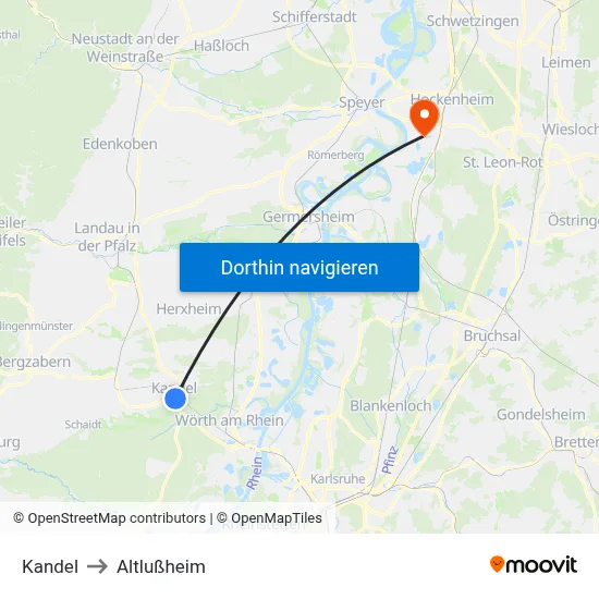 Kandel to Altlußheim map