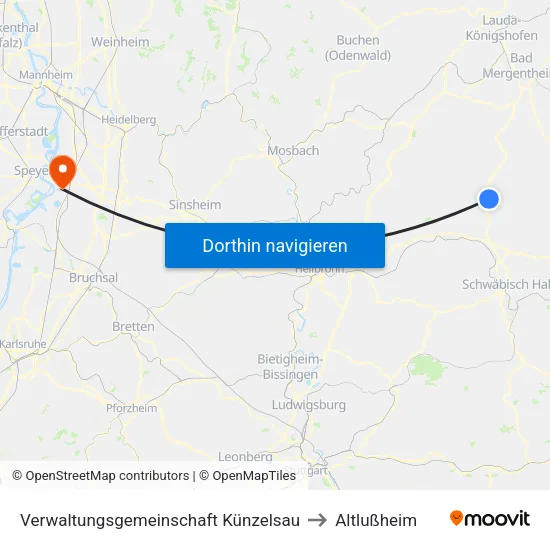 Verwaltungsgemeinschaft Künzelsau to Altlußheim map
