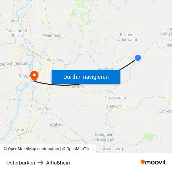 Osterburken to Altlußheim map