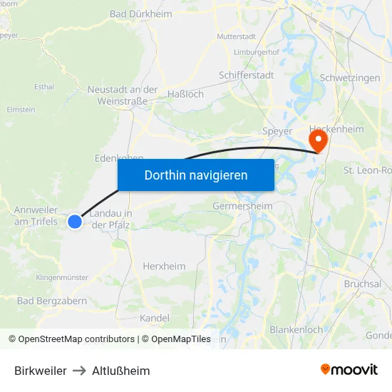 Birkweiler to Altlußheim map