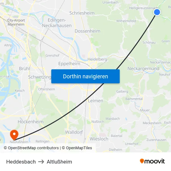 Heddesbach to Altlußheim map