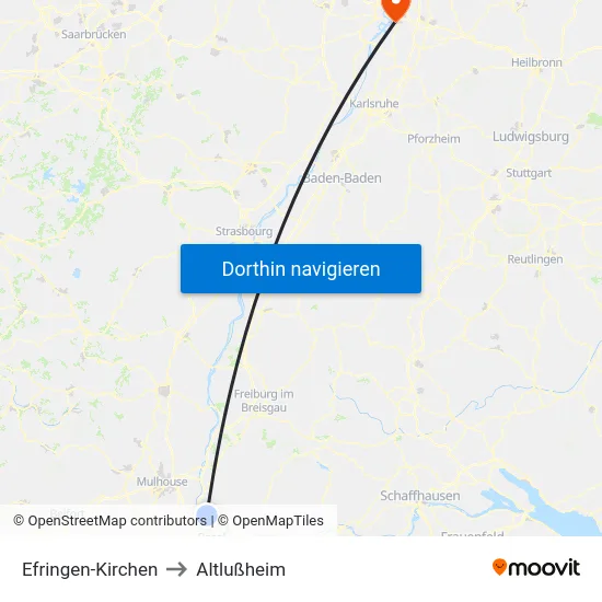 Efringen-Kirchen to Altlußheim map
