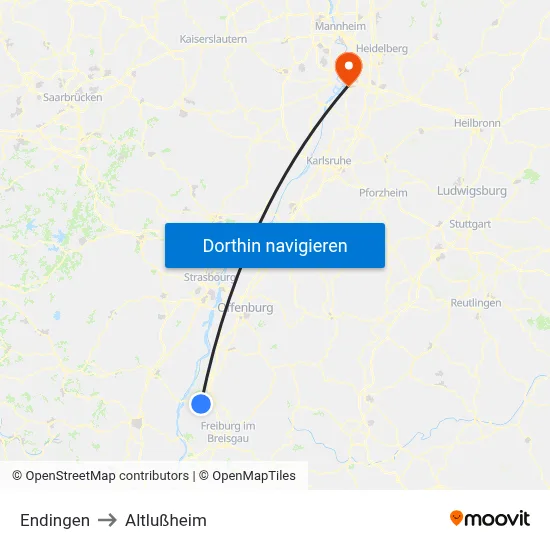 Endingen to Altlußheim map