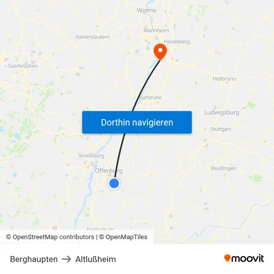 Berghaupten to Altlußheim map