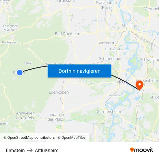 Elmstein to Altlußheim map
