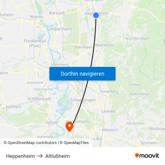 Heppenheim to Altlußheim map