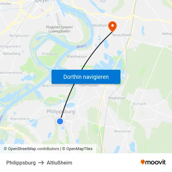 Philippsburg to Altlußheim map