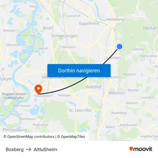 Boxberg to Altlußheim map
