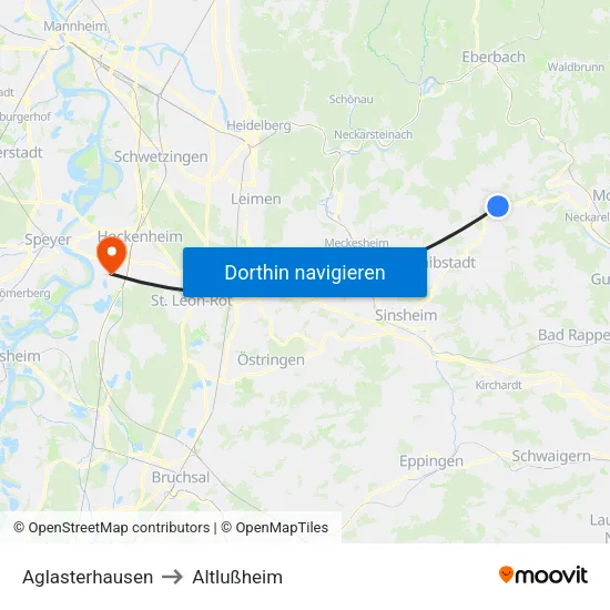 Aglasterhausen to Altlußheim map