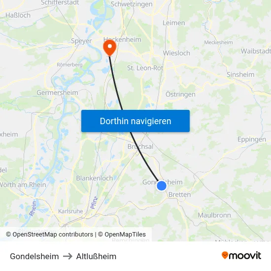 Gondelsheim to Altlußheim map