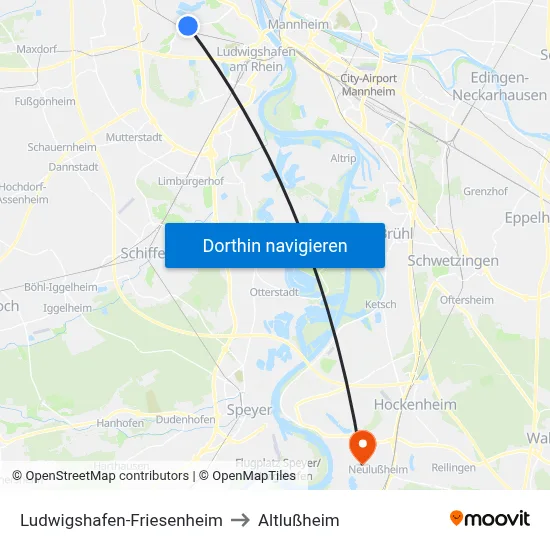 Ludwigshafen-Friesenheim to Altlußheim map