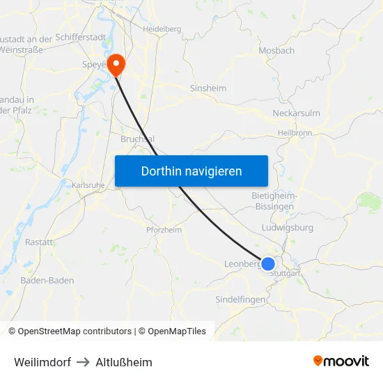 Weilimdorf to Altlußheim map
