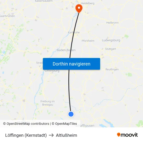 Löffingen (Kernstadt) to Altlußheim map