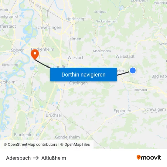Adersbach to Altlußheim map
