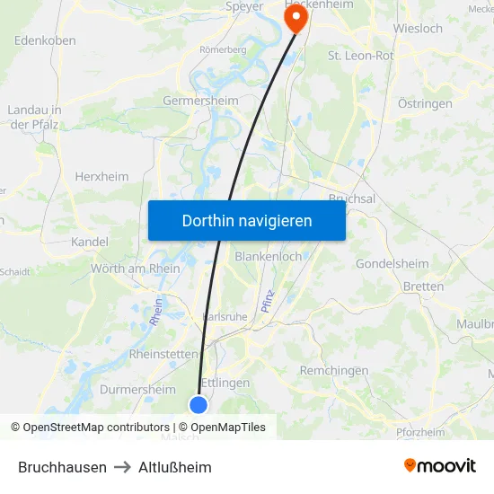 Bruchhausen to Altlußheim map