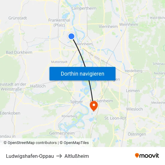 Ludwigshafen-Oppau to Altlußheim map