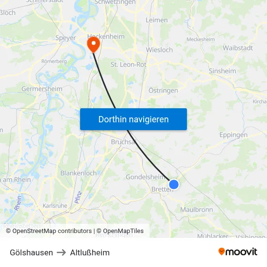 Gölshausen to Altlußheim map