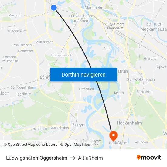 Ludwigshafen-Oggersheim to Altlußheim map