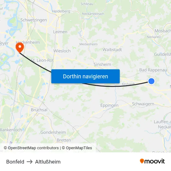 Bonfeld to Altlußheim map