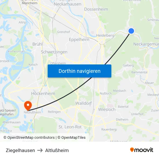 Ziegelhausen to Altlußheim map