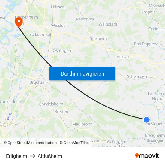 Erligheim to Altlußheim map