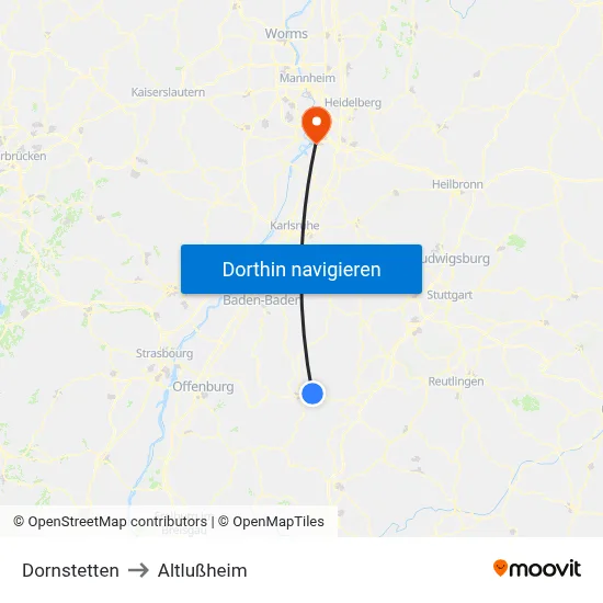 Dornstetten to Altlußheim map