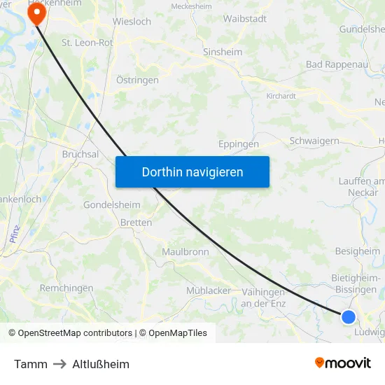Tamm to Altlußheim map
