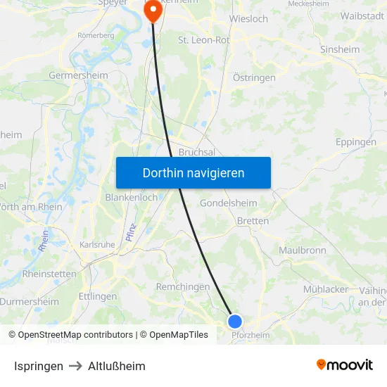 Ispringen to Altlußheim map