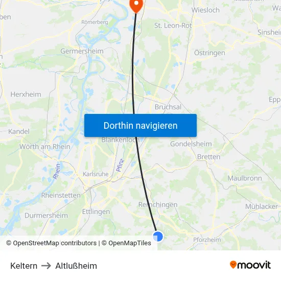 Keltern to Altlußheim map