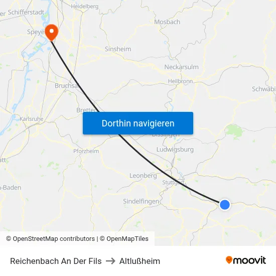 Reichenbach An Der Fils to Altlußheim map