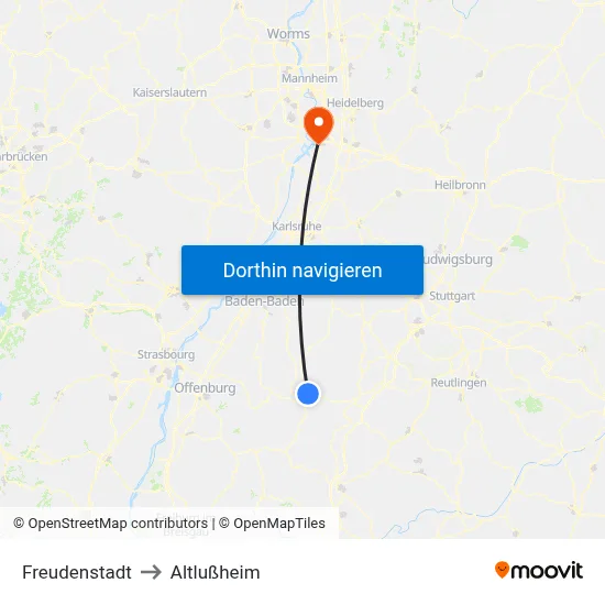 Freudenstadt to Altlußheim map