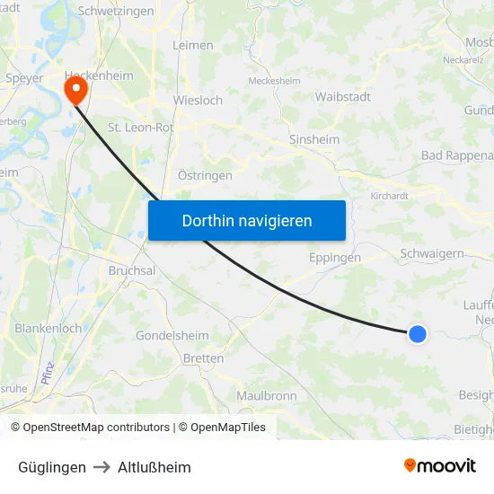 Güglingen to Altlußheim map