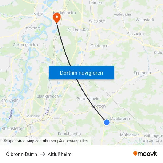 Ölbronn-Dürrn to Altlußheim map
