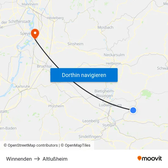 Winnenden to Altlußheim map