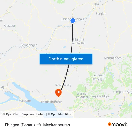 Ehingen (Donau) to Meckenbeuren map