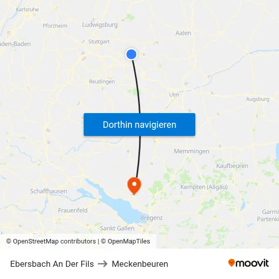 Ebersbach An Der Fils to Meckenbeuren map
