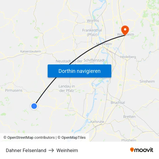 Dahner Felsenland to Weinheim map