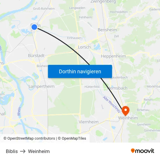 Biblis to Weinheim map