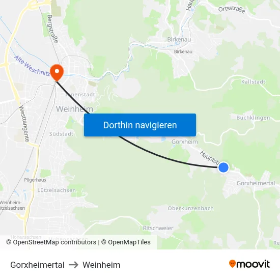 Gorxheimertal to Weinheim map