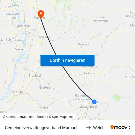 Gemeindeverwaltungsverband Marbach am Neckar to Weinheim map