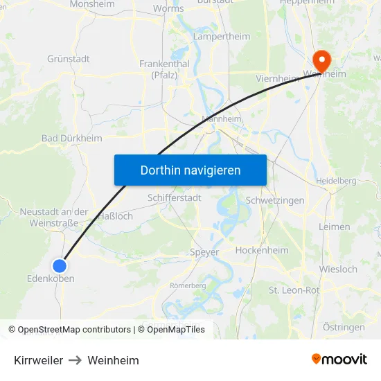 Kirrweiler to Weinheim map