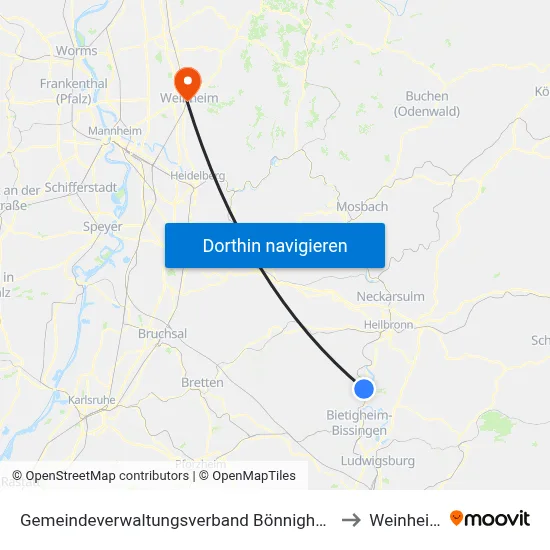 Gemeindeverwaltungsverband Bönnigheim to Weinheim map